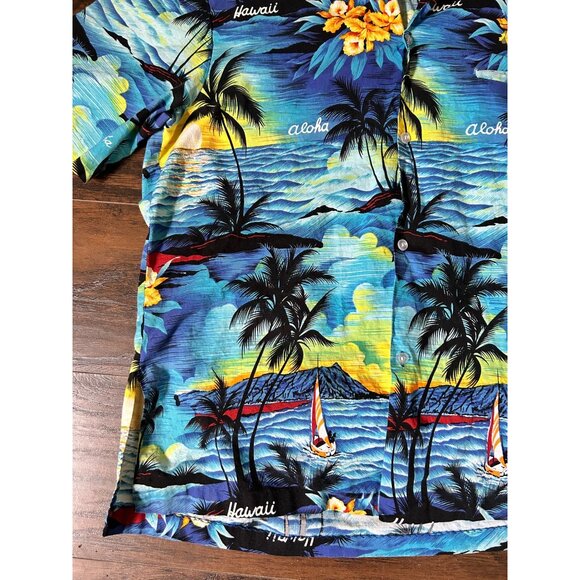 Royal Creations Men’s Hawaiian Shirt XL Blue Sailboat Sunset Tropical Floral - Picture 6 of 10